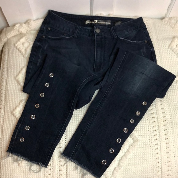 Seven7 Denim - Seven7 Dark Wash Mid Rise Grommet Detail Split Hem Ankle Skinny Jeans Denim 10